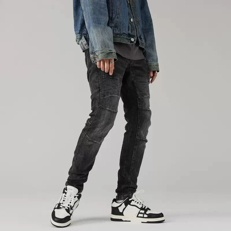 Street Fashion Men Jeans Retro Black Gray Elastic Slim Fit Spliced Biker Jeans Men Zipper Patch Designer Hip Hop Pants Hombre