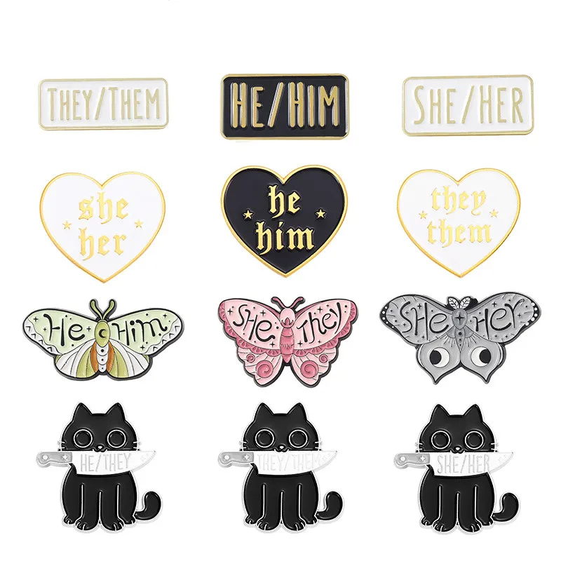 

My Pronouns Enamel Pins Custom Cats Butterfly He Him She Her They Them Brooches Lapel Badges Fashion Jewelry Gifts Drop Shipping