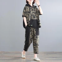 womens suits cotton oversized camouflage clothing suit summer loose short sleeve hoodies casual nine point pants two piece sets