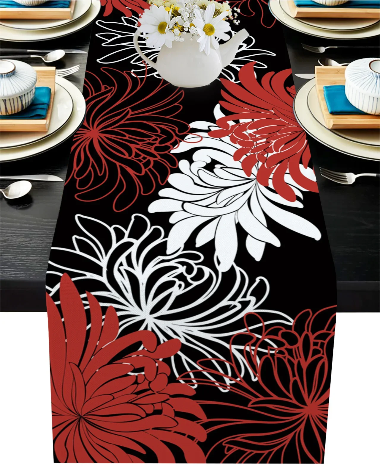 Цветок Красный Белый Черный Хризантема Льняная Скатерть Для Стола Украшение