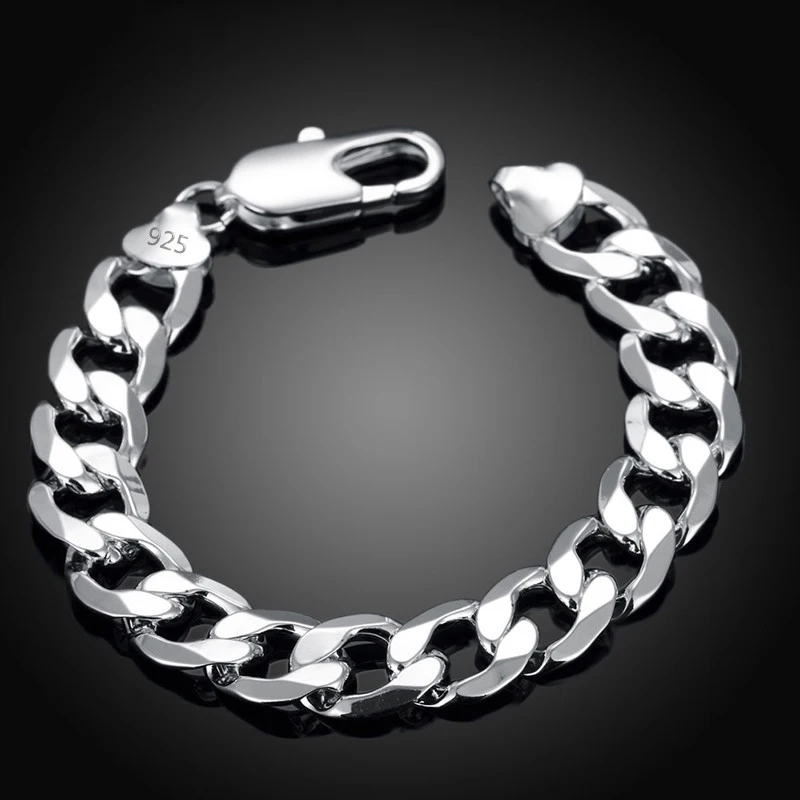 

NUMBOWAN 925 Silver 8MM 10MM 12MM Flat Sideways Bracelets Chains For Men Fashion Jewelry