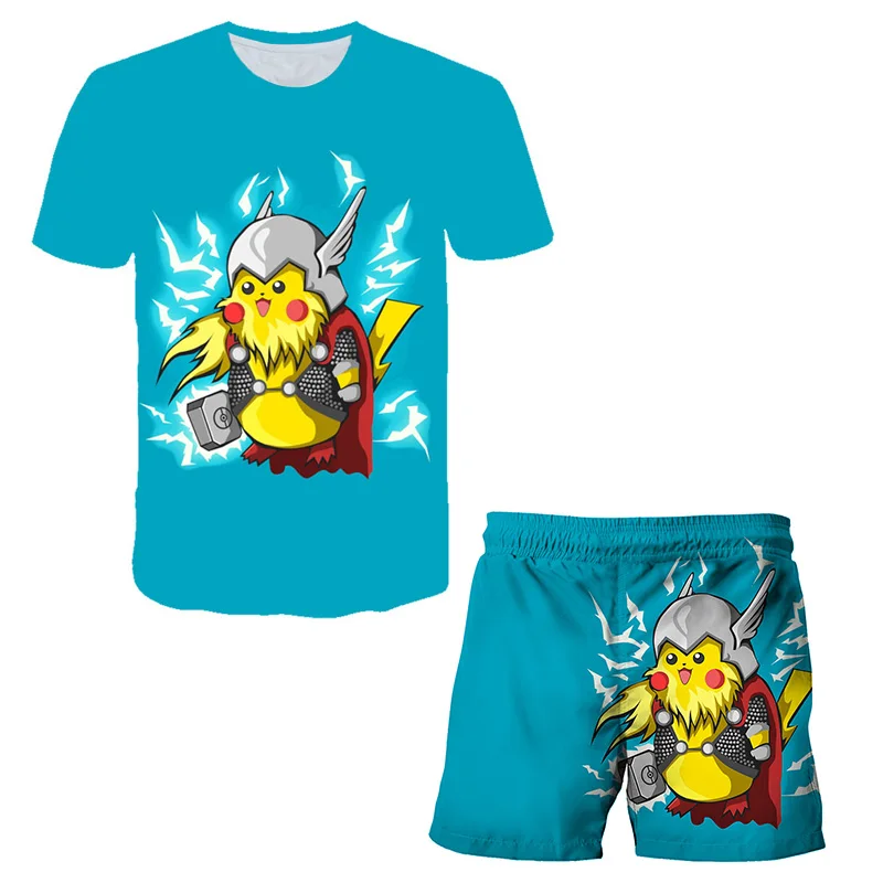 

Cartoon Anime Game Kids Beach Pants Suit Pi-kachus Children T-Shirt Set Baby Clothes Boys Girls Universal T-Shirt + Shorts 2pcs