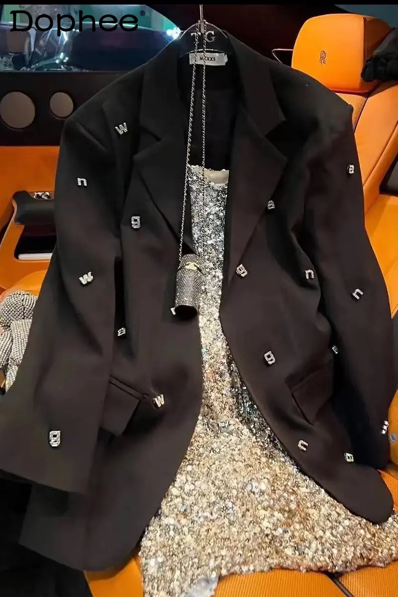 Heavy-Duty Letter Rhinestone Black Suit Jacket for Women Spring Autumn Leisure 2023 New High-Grade Suit Blazer Coat Top Commuter