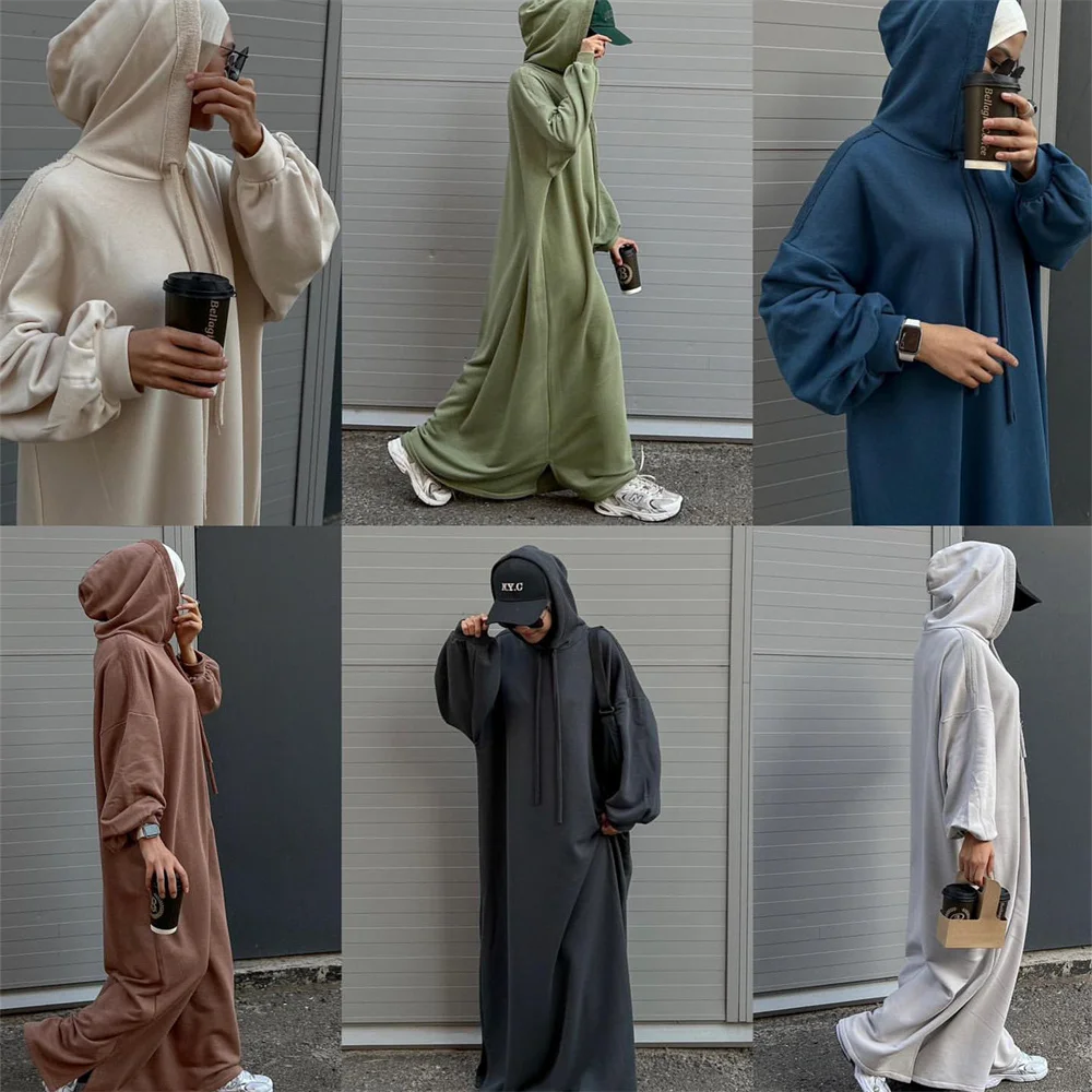 2024 Ramadan Eid Modest Warm Winter Abayas With Hat Muslim Women Abaya Dress Robe Arabe Female Morocco Kaftan Islam Clothing
