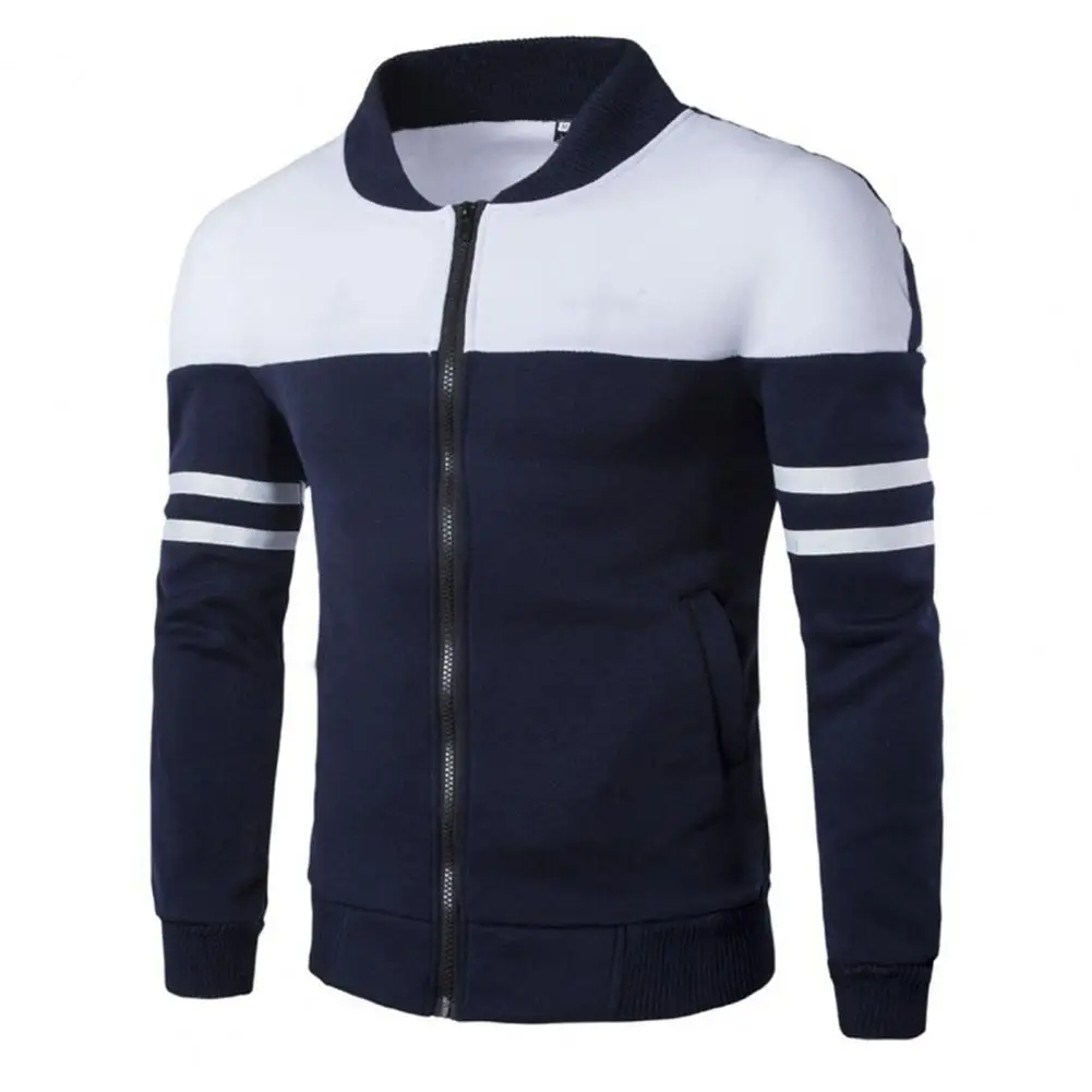 

Cool Men Jacket Long Sleeves Zipper Autumn Coat Striped Zip Up Spring Jacket