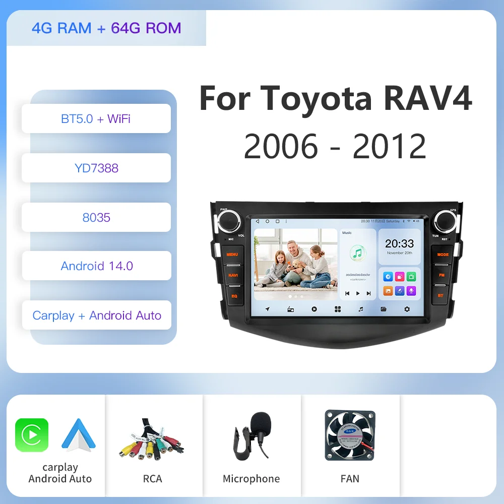 

Автомобильный мультимедийный плеер Kapud, 8 дюймов, Android 12, радио, навигация для Toyota RAV4 xa30 2006 2007-2011 2012, стерео, GPS, DSP, CarPlay, авто