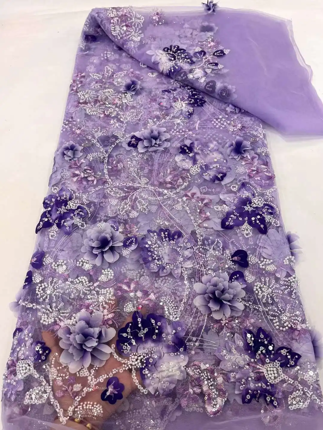 Модная французская сетчатая 3D Цветочная Вышивка Бисером кружевная ткань с