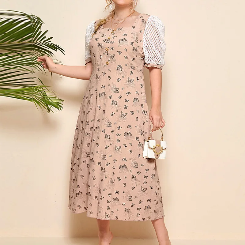 

2022 Spring and Summer Vacation Plus Size Dress Loose Plus Size Women's Dress Casual Short Sleeve Square Collar High Waist Dress