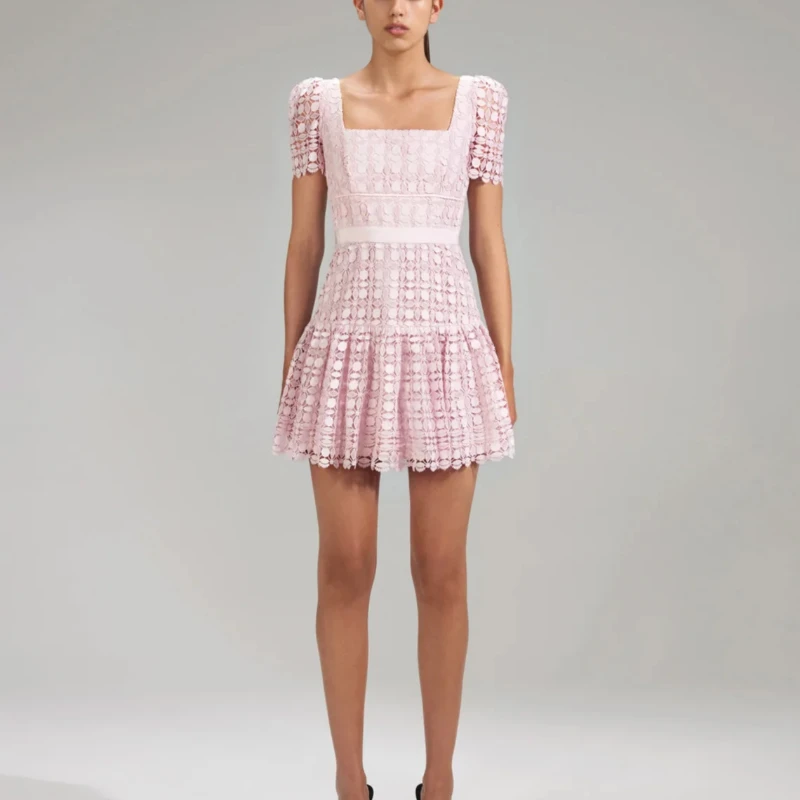 

Spring/Summer French Pink Square Neck Puff Sleeves Sweet Lace Women Dress