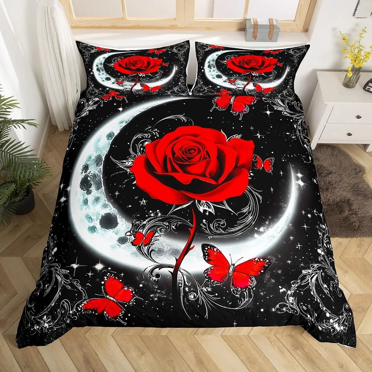 Фото Комплект постельного белья с цветком розы Twin King, Galaxy Moon Rose, пододеяльник для декора комнаты для мальчиков и девочек, пододеяльник с цветочным принтом на День святого Валентина №3