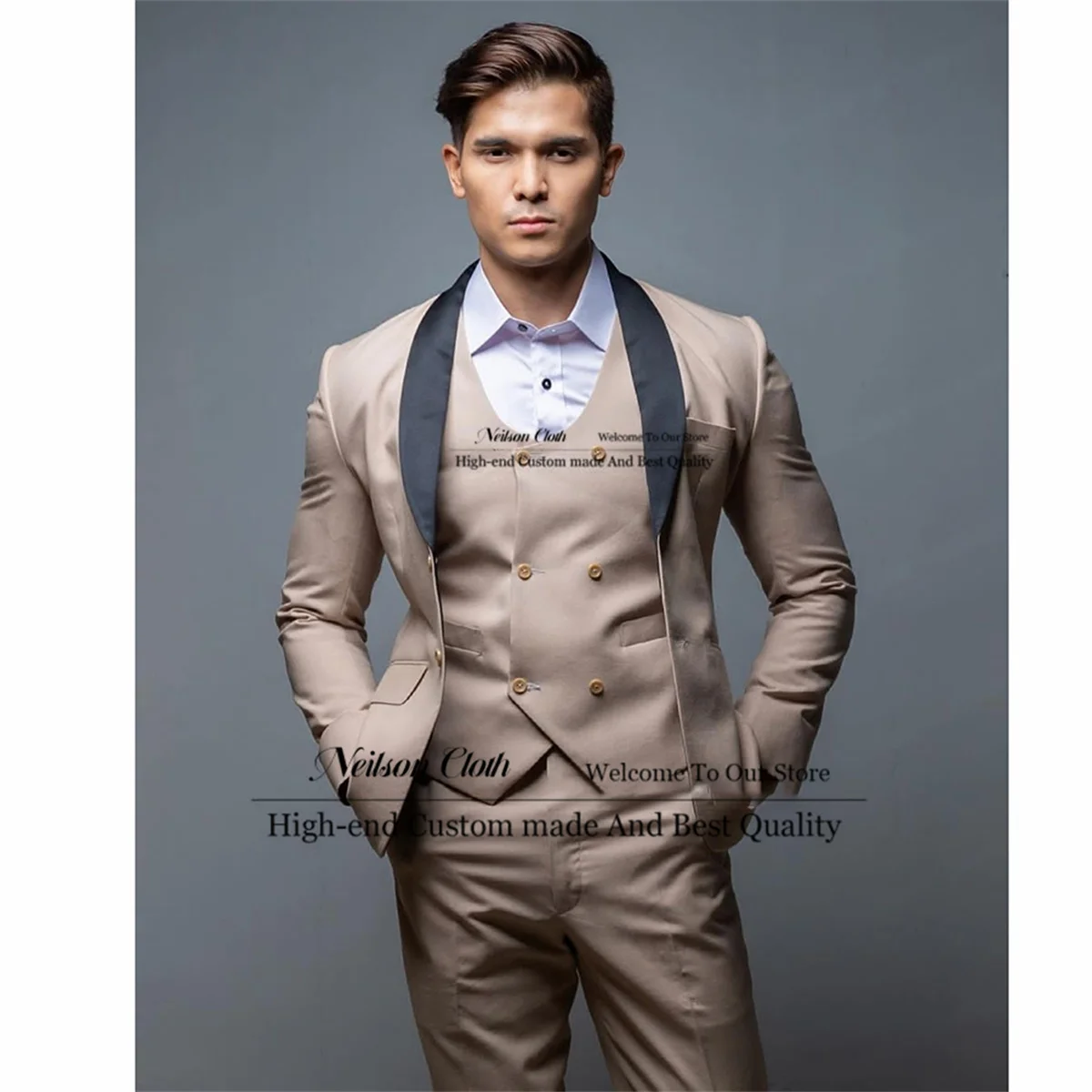 

Formal Khaki Men Suits Shawl Lapel Groom Wedding Tuxedos 3 Pieces Sets Business Male Prom Blazers Slim Fit Terno Masculino