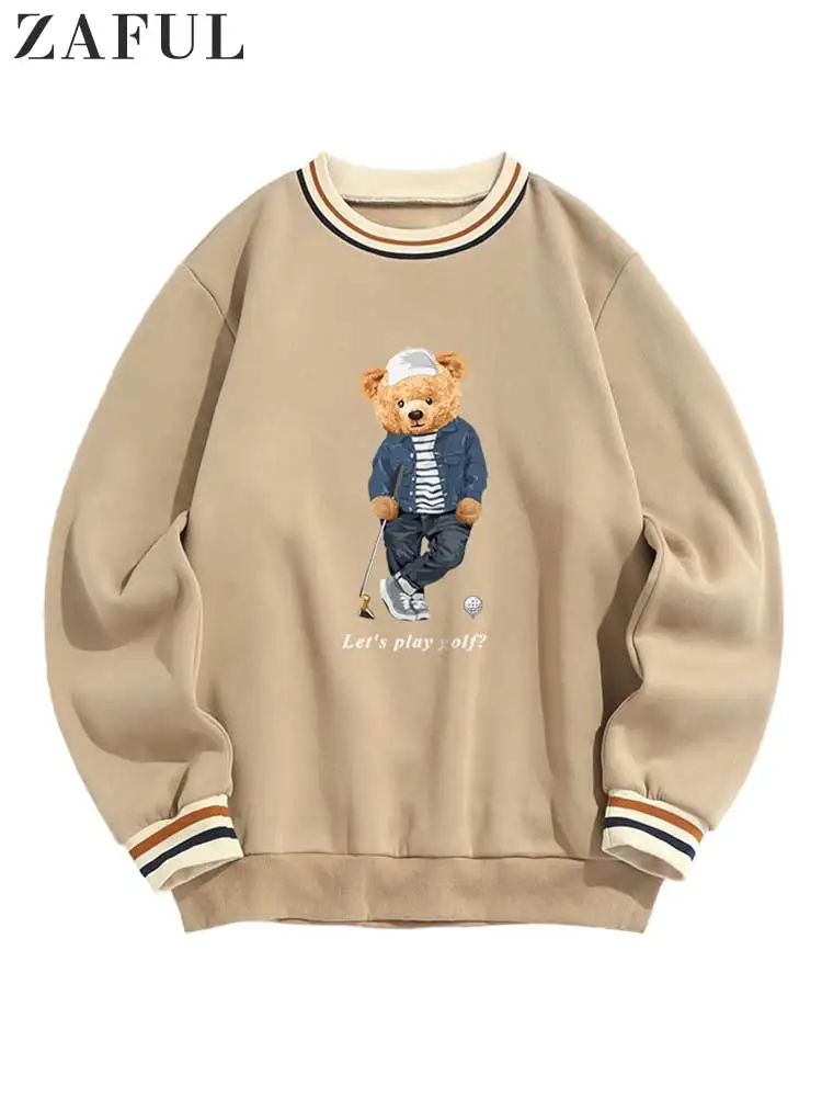 

ZAFUL Crewneck Hoodie for Men Fleece-lined Bear Graphic Sweatshirts Unisex Streetwear Pullover Fall Winter Warm Jumper Tops