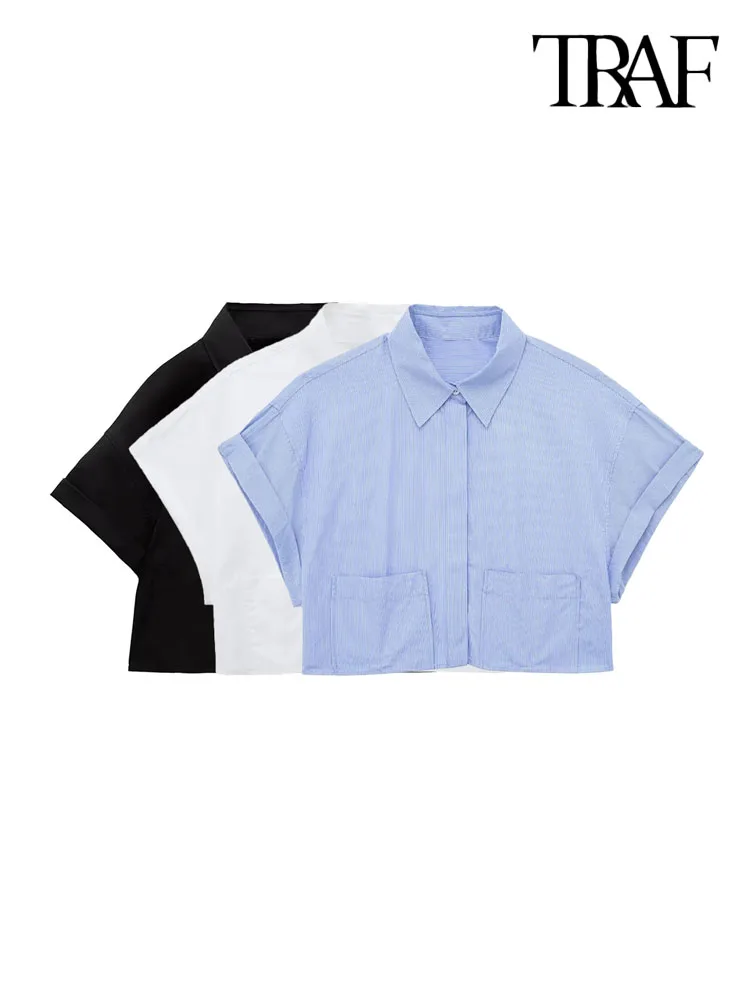 

TRAF Women Fashion With Pockets Cropped Poplin Shirts Vintage Short Sleeve Button-up Female Blouses Blusas Chic Tops