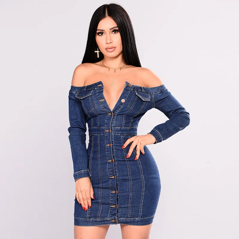 

Women Jean Dress Female Long Sleeve Strapless Off Shoulder Blue Botton Denim Dresses Ladies Sexy Bodycon Party Dress
