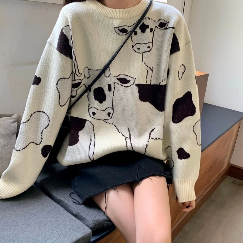 

Women Japanese Kawaii Cute Sweaters 2021 Vintage Casual Loose Lazy Cow Print Sweater Korean Harajuku Ulzzang Clothing for Female