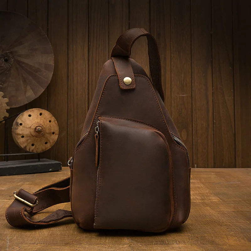 Handmade cowhide retro chest bag men's crazy horse leather large-capacity cowhide front all-match chest bag men's bag casual mes