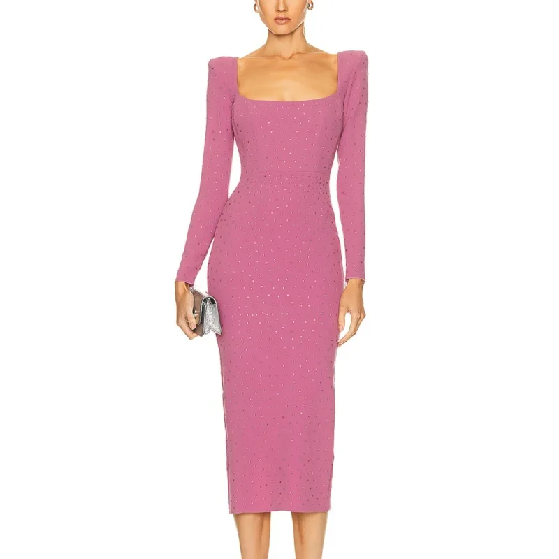 

2023 New Autumn Women's Sexy Square Neck Long Sleeve Sequins Slim Fit Midi Dress Elegant Solid Celebrity Club Party Dress Vestid