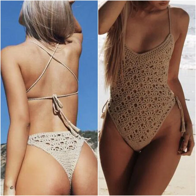 

2022 European and American new hand-woven cotton hollow-out one-piece swimsuit beach women bikini
