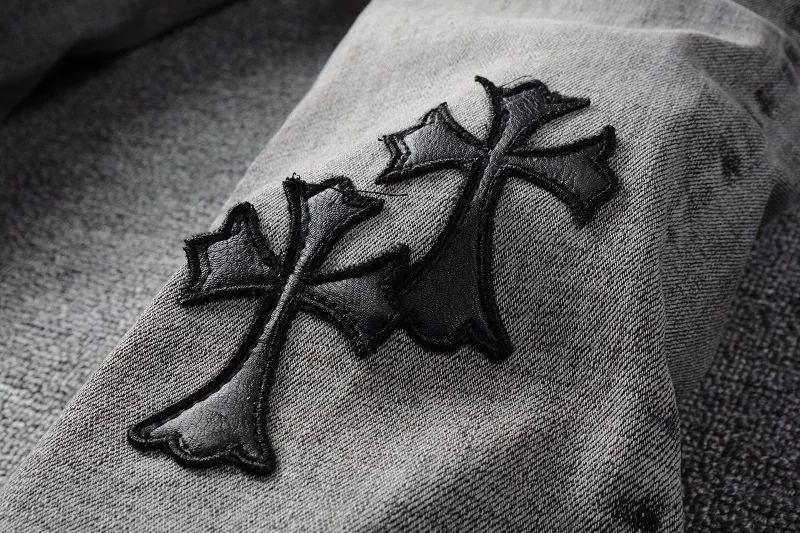Light Blue Men's Slim Fit Streetwear Pants Fashion Print Pattern Distressed Leather Cross Patches Skinny Stretch Ripped Jeans