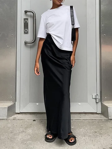 Fashion Satin Black Long Skirt For Women Y2K Spring High Waist Hip Package Skirts Female 2023 New Casual Loose Skirt Streetwear