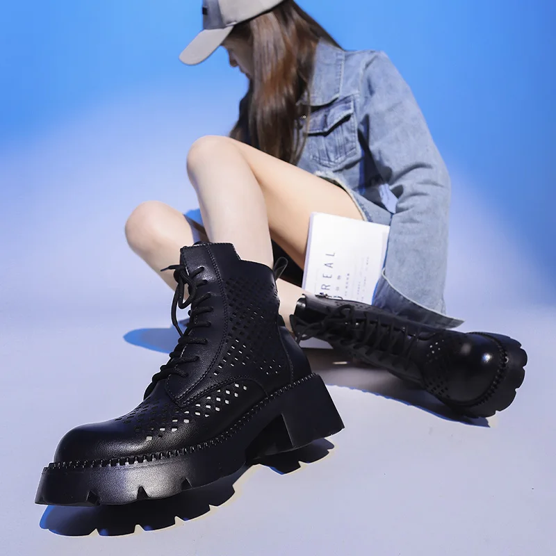 AIYUQI Cool Boots Female Genuine Leather 2023 New Hollow Out Summer Boots Female Retro Mesh Ankle Boots Female