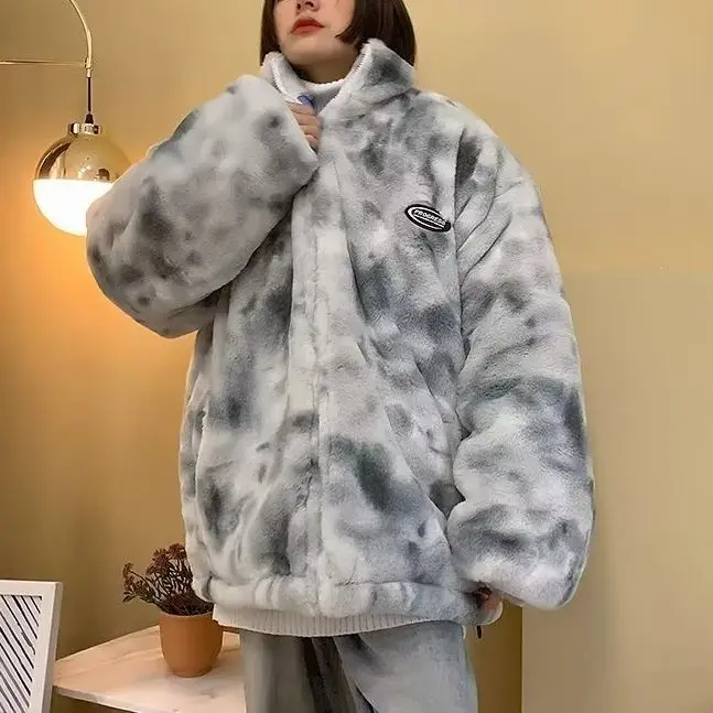 

Oversized Fleece Puffa Men And Women Winter Jackets Tie-Dyed Harajuku Hip Hop Cardigan Warm Casual Streetwear Jackets