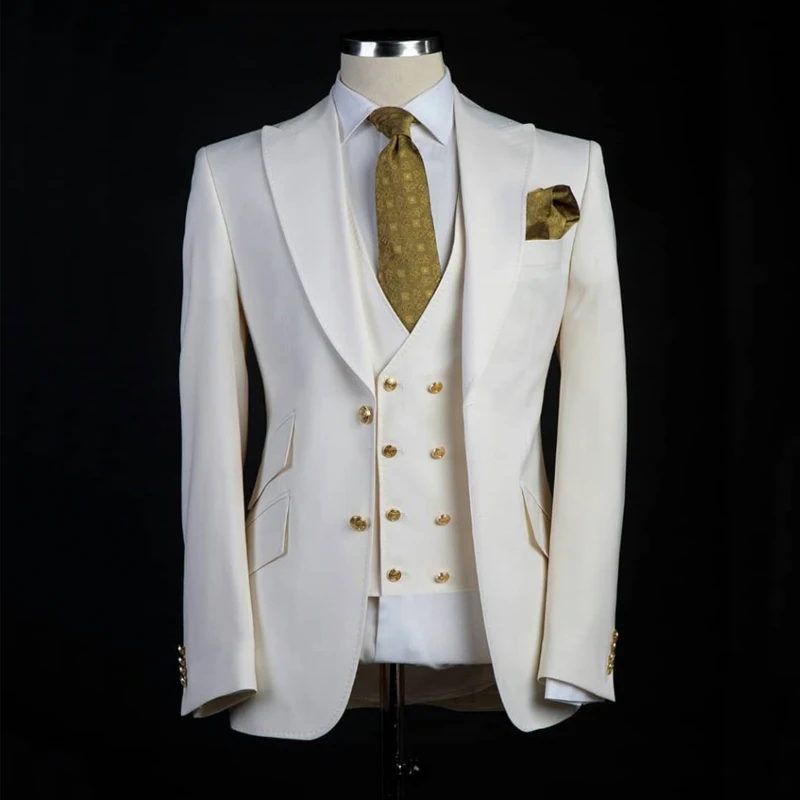 

Tailor Made Slim Fit Men Suits for Wedding Groom Tuxedo 3 Piece Peaked Lapel Ivory Set Jacket with Pants Vest Male Fashion
