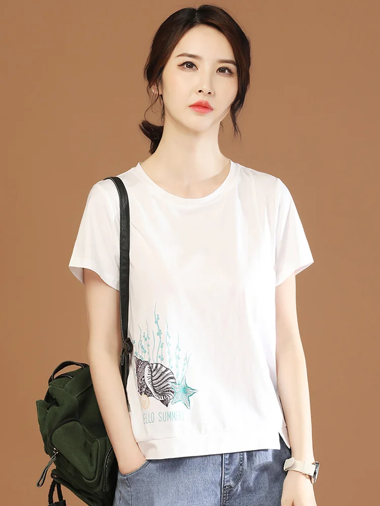 

HCXR Women T-shirt 2023 Summer Crew Neck Short Sleeve Casual Top Art Printing Korean Style Female Fashion Loose Shirt