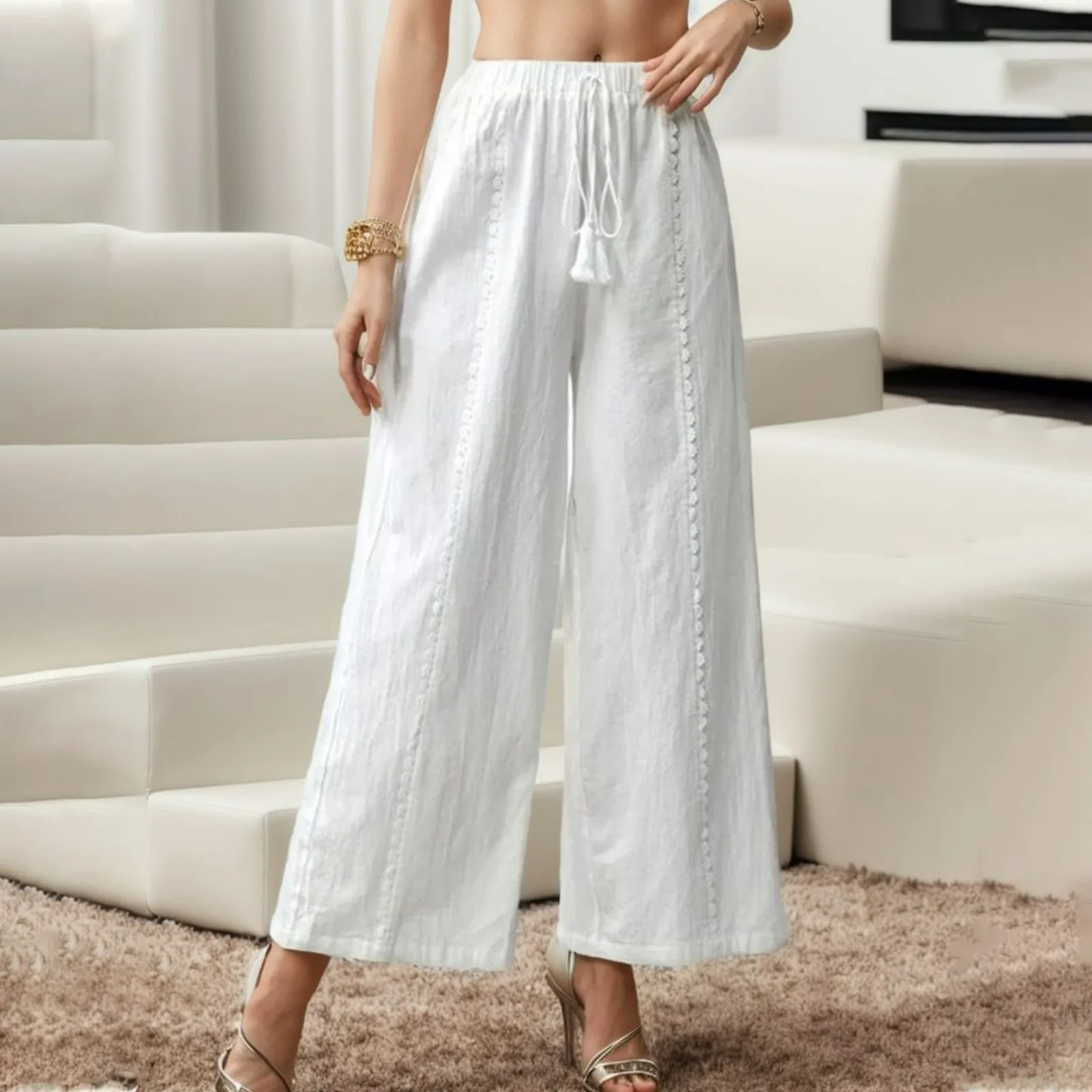 

Женские повседневные брюки свободного кроя, широкие штаны с украшением кисточкой, штаны на шнуровке, пляжные повседневные брюки для отпуска