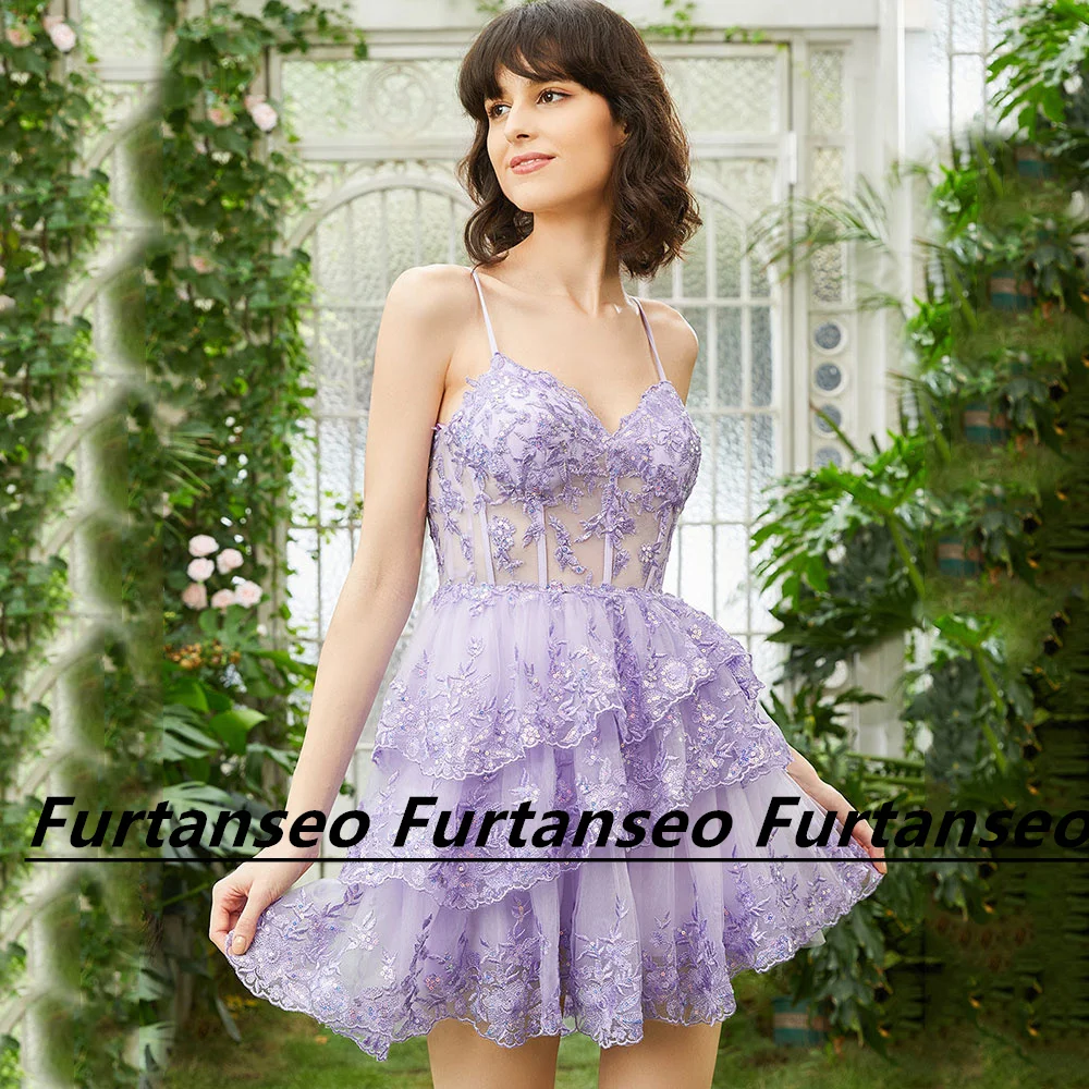 

Women's 2023 Short Homecoming Gown Sequin A-Line Spaghetti Strap V-Neck Applique Back Zipper Tiered Mini Cocktail Party Dresses