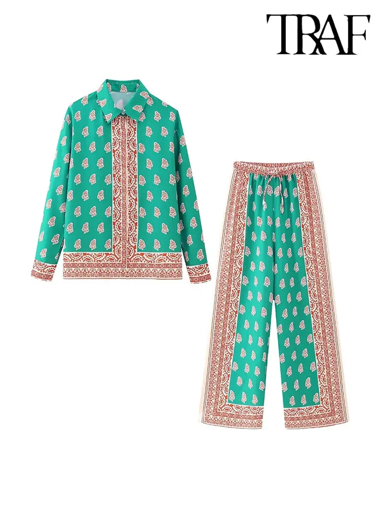 

TRAF Flower Print Women Shirts 2 Piece Sets Women 2023 Spring Autumn Turn Down Neck Slim Shirt Female Pants Suits Women