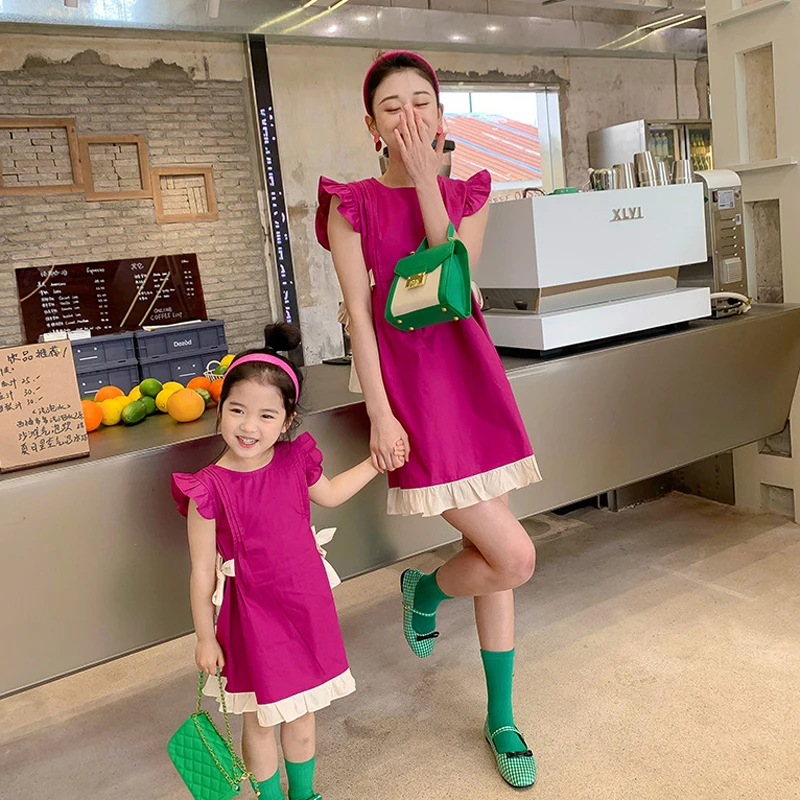 Summer Parent-Child Dress For Girl Baby Dragon Fruit Color Matching Dress Mother And Daughter Small Flying Sleeve Dress