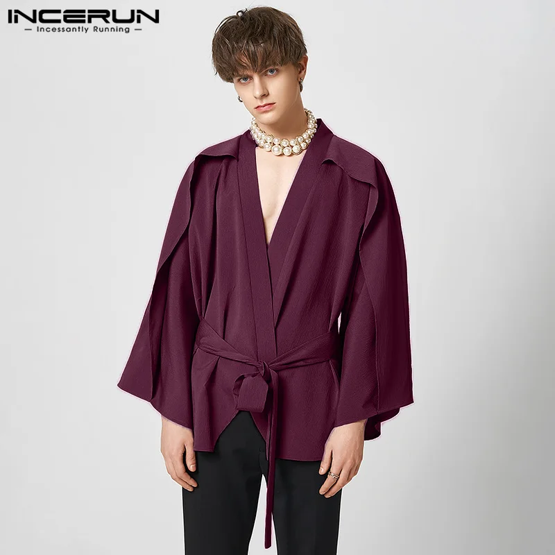 

Рубашка INCERUN мужская с V-образным вырезом, кардиган с длинными рукавами, на шнуровке, асимметричная, с поясом, уличная одежда, однотонное свободное кимоно, 7, 2023