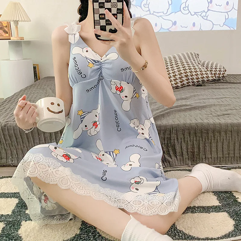 

Sanrio Summer Kuromi Cinnamoroll Camisole Nightdress Anime Cute Sweet Thin Section Lace Pajamas Ladies Home Service Gift