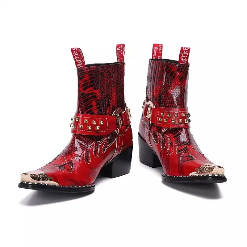 Красные кожаные лоскутные короткие сапоги с острым носком мужские модные