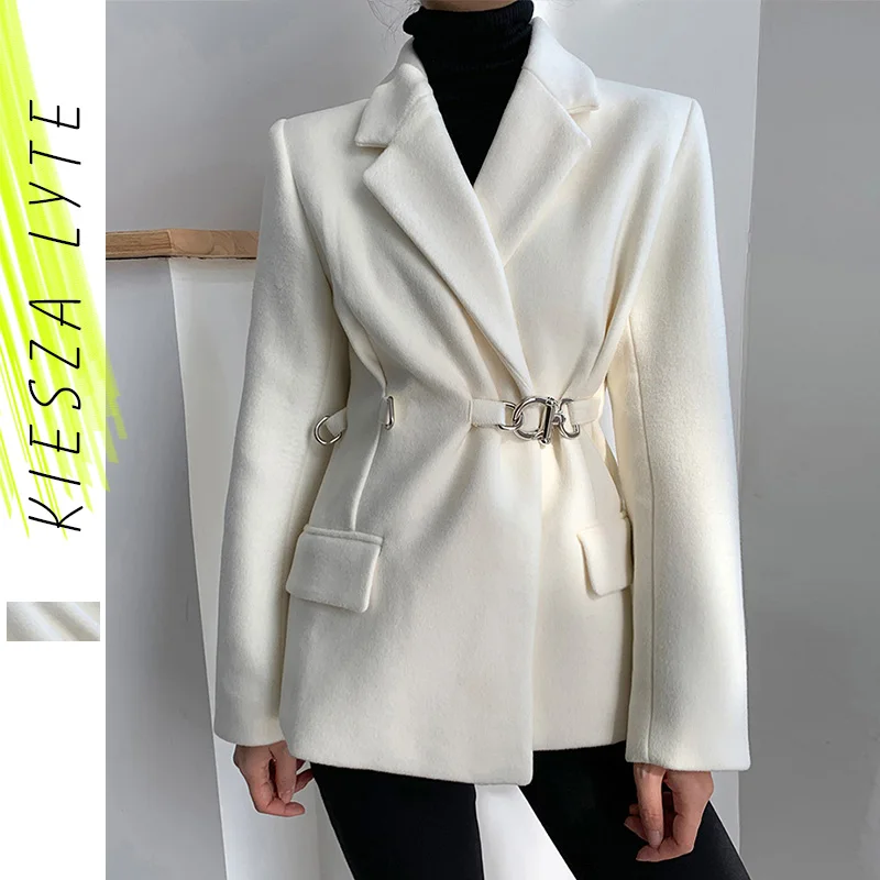 Women White Woollen Jacket 2022 New Winter Office Ladies Elegant Lapel Belt Buckle Wool Blazer Coat Female