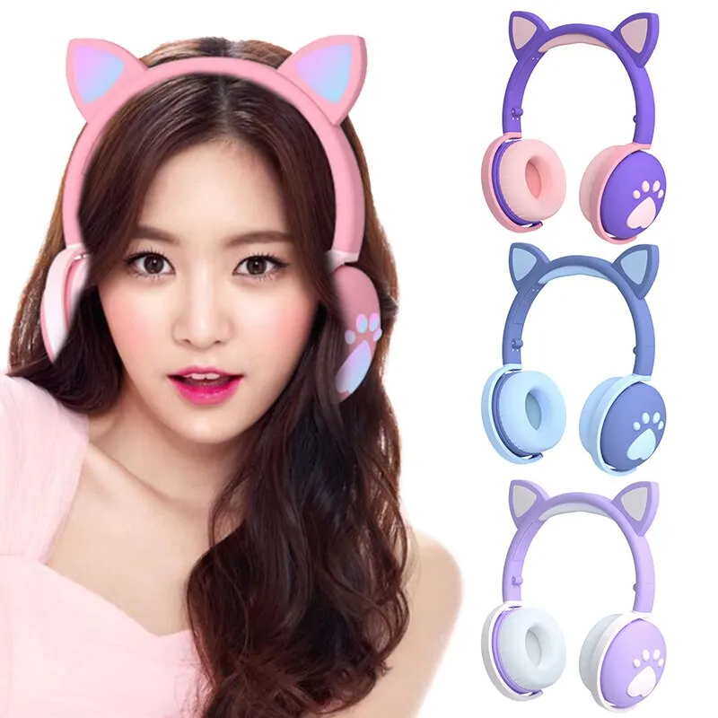 

KPHRTEK Bluetooth Headphones glowing cute LED Cat Ear Paw Girls Gift Kids Headset Wireless HIFI Stereo Bass 3.5mm Plug With Mic