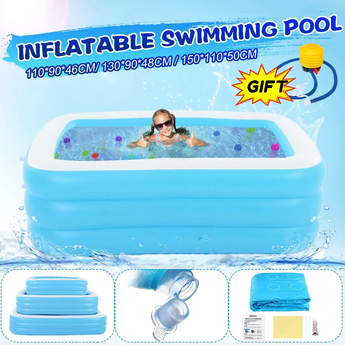 

110/130CM 3layers Inflatable Square Swimming Pool Children Inflatable Pool Bathing Tub Baby Kid Home Outdoor Swimming Pool