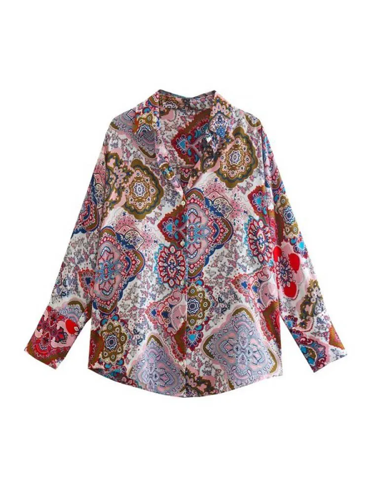 

2022 Summer Women Satin Shirts Blouses Tops Fashion Print Loose Long Sleeve Female Elegant Street Top Clothing