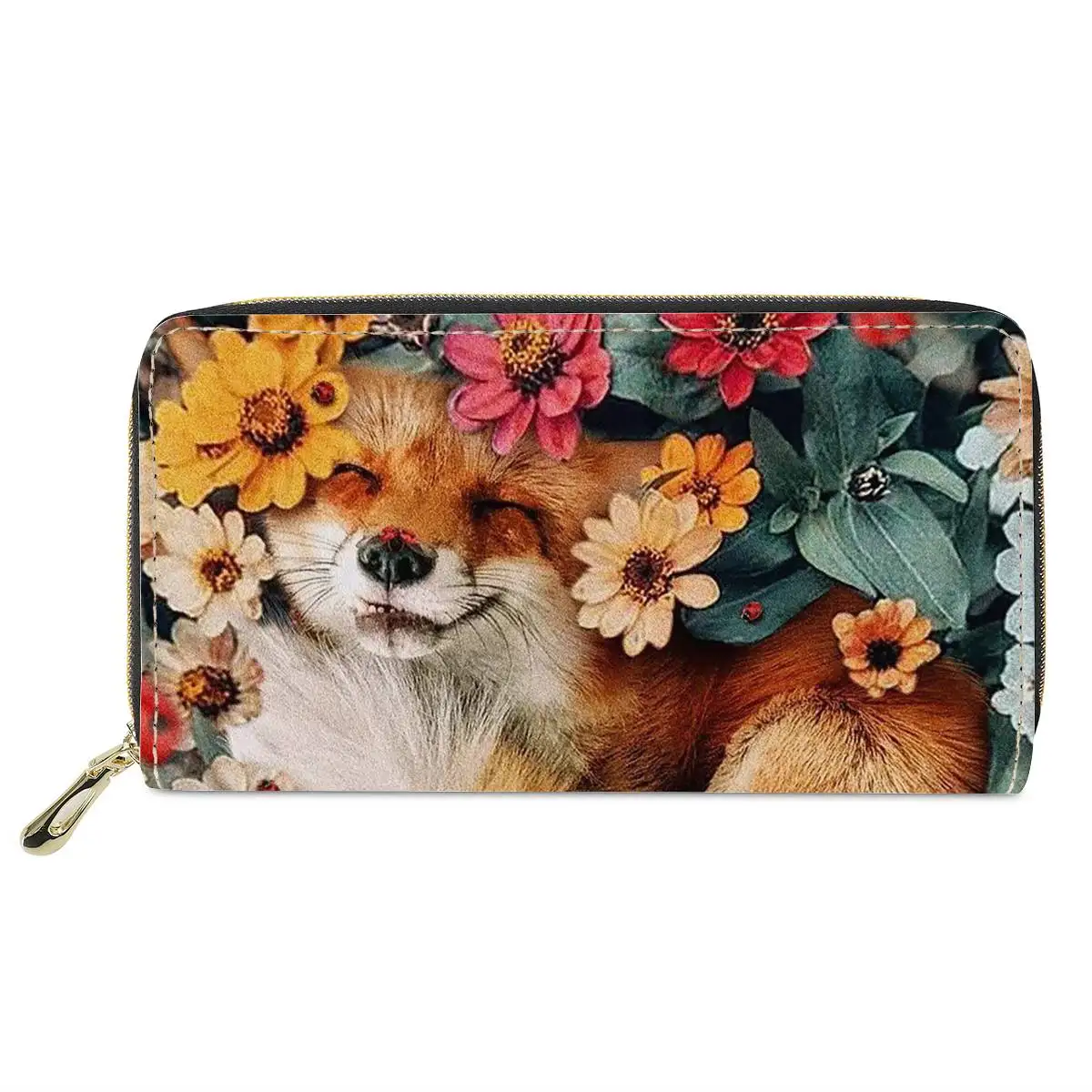 Cute Floral Fox Design Long Wallets Lightweight Teenager Zipper Money Bag Portable Woman Card Case Cover Portfel Damski Outdoor