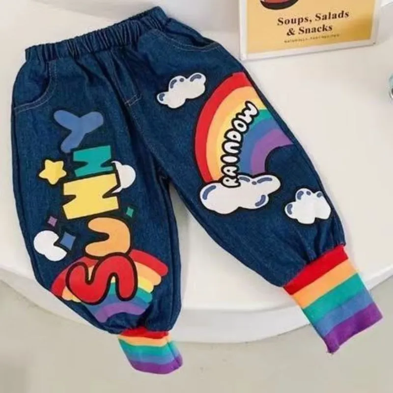 

2-7T Children‘s Spring And Autumn 2023 New Boys And Girls Rainbow Jeans Child Fashion Leisure Time Trousers