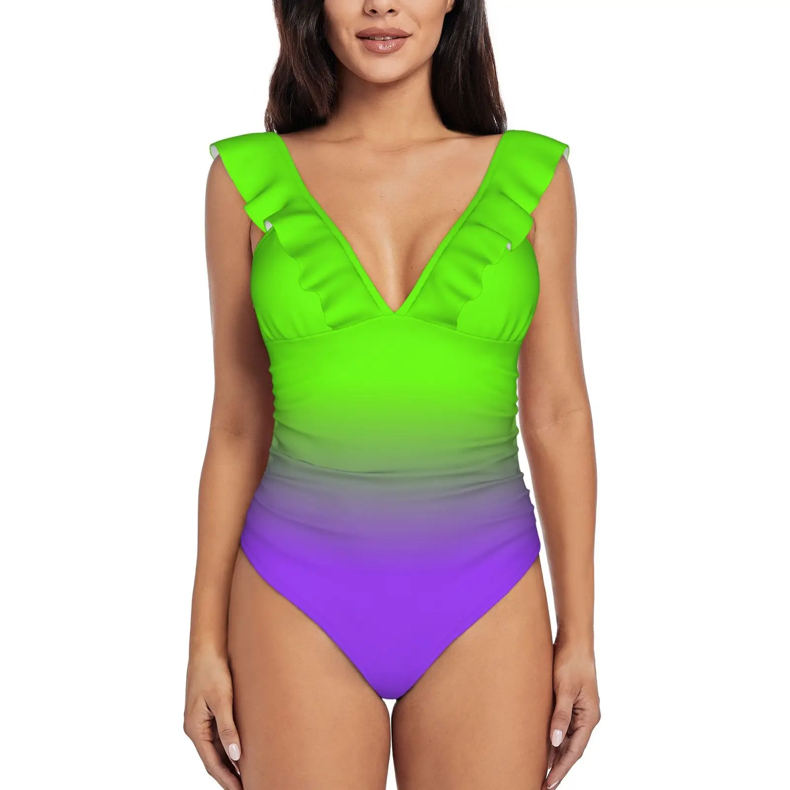 

Неоново-фиолетовый и неоново-зеленый цветной выцветающий слитный купальник с оборками женский сексуальный Монокини купальник новый пляжный купальник