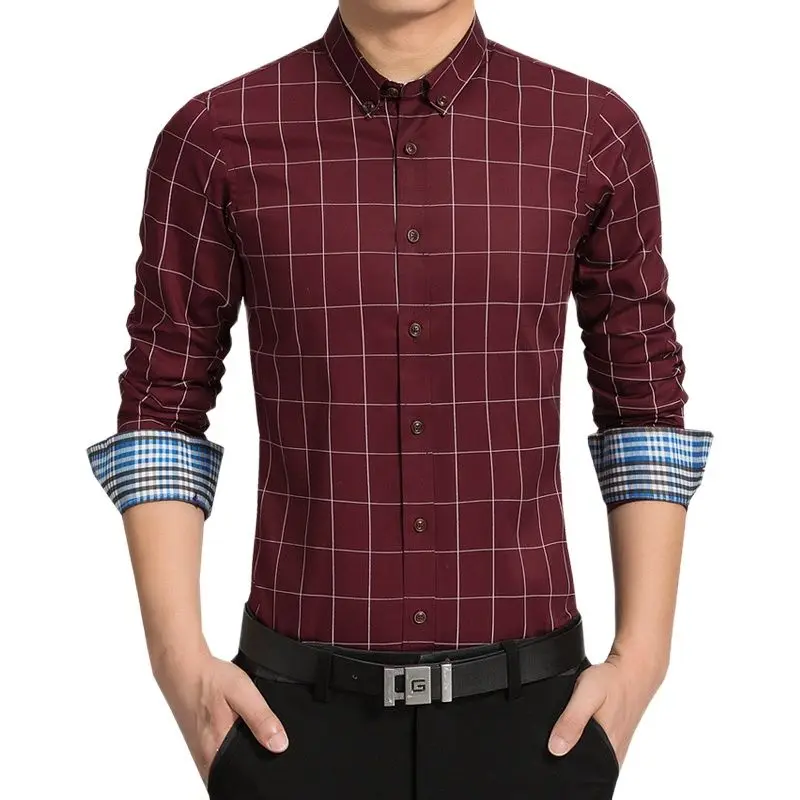 

Мужская приталенная рубашка в клетку, Повседневная деловая рубашка с длинным рукавом, в шотландскую клетку, 2023