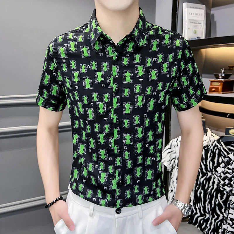Fashion Printed Shirts Men 2022 Summer Short Sleeve Ice Silk Casual Slim Shirt Business Formal Dress Shirts Camisas Para Hombre