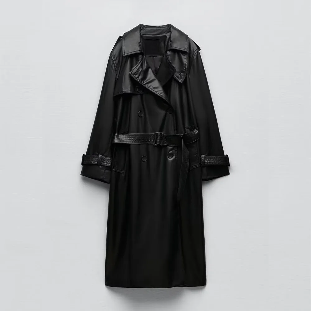 Autumn new fashion women's clothing temperament all-match black faux leather belted long trench coat