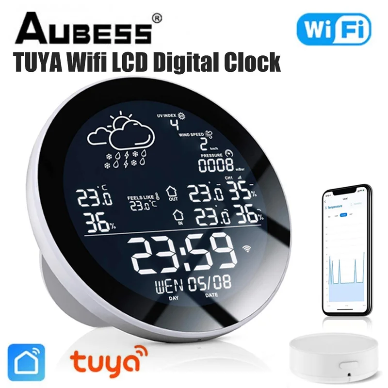 

TUYA Wifi LCD Digital Clock Temperature Humidity Meter Indoor Outdoor Smart Thermometer Hygrometer Weather Station TH Sensor