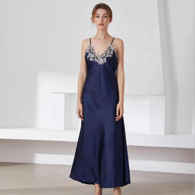 Women Sling Sleeveless Lace V-Neck Sleepwear Solid Color Silk Maxi Dress Pajamas