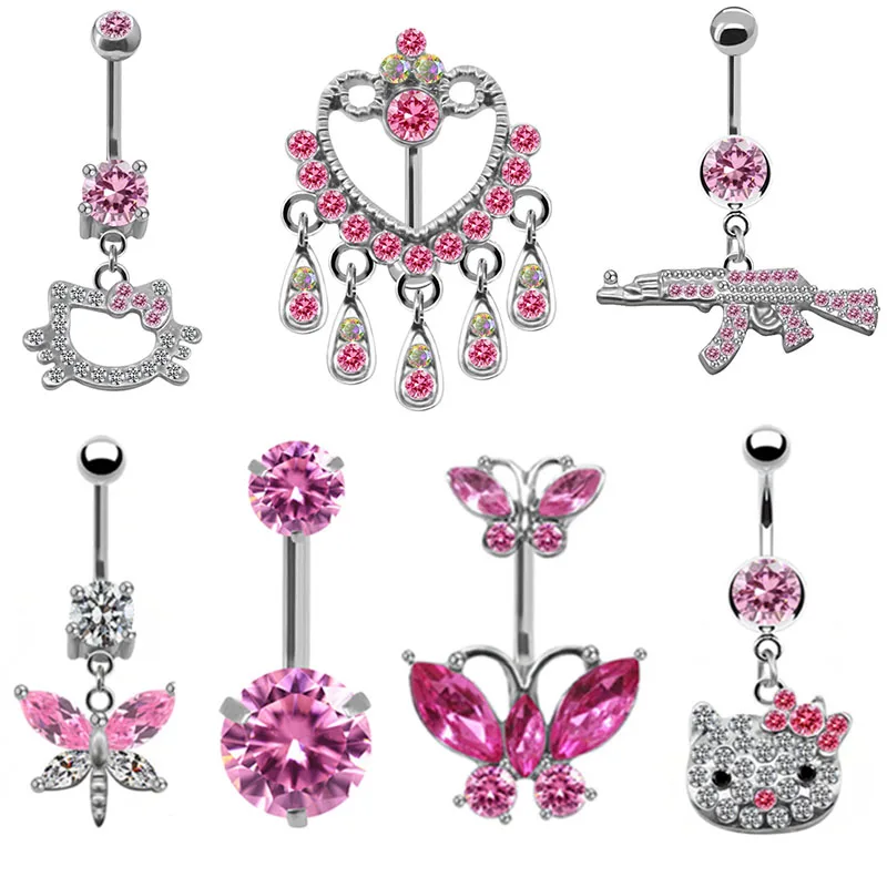 

1Pcs Romantic Pink Belly Piercing Buckle Umbilical Nail Cat Head Dragonfly Pistol Butterfly Belly Button Rings Piercing Jewelry