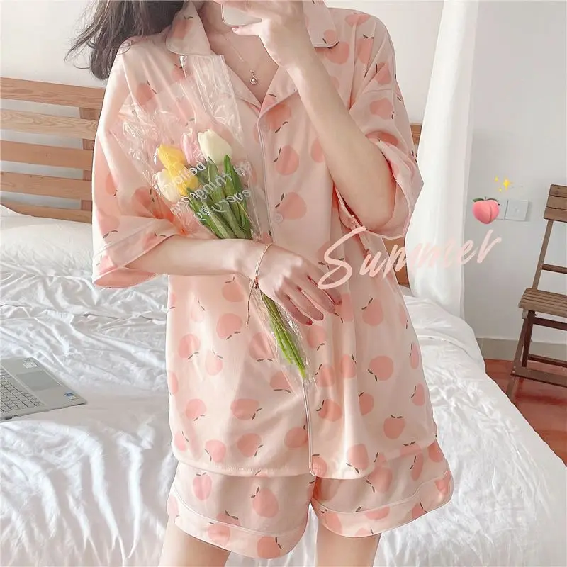 

Peach Print Sleepwear Women Pajamas Shorts Set Korean Short Sleeve Pijama Summer Home Clothes Suit Button Loungewear Night Wear