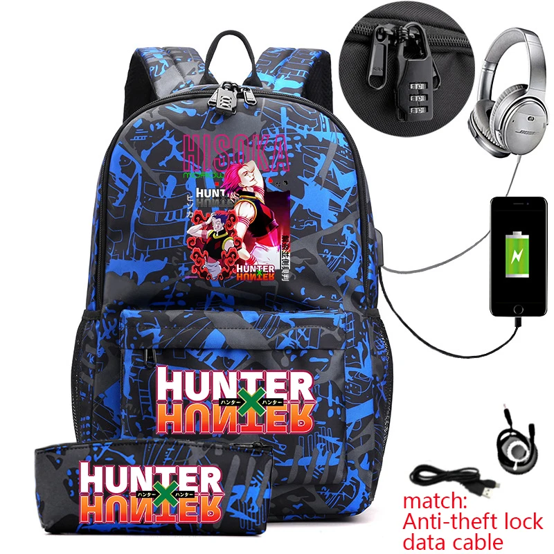 Фото Рюкзак Hunter x Hunter в стиле аниме для студентов, повседневный рюкзак с защитой от кражи и пеналом для мальчиков и девочек, школьная сумка №4